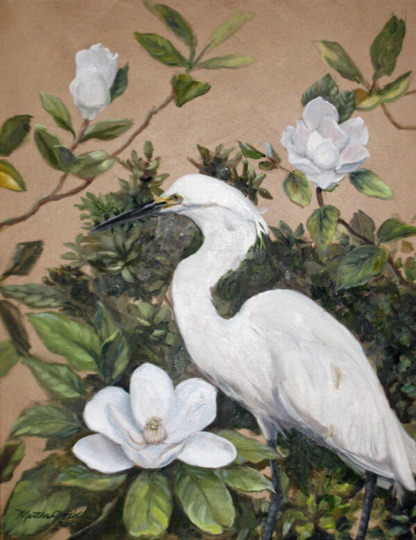 Snowy Egret Print, Magnolia Flower art, White Bird art, wall art