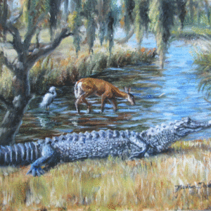 Alligator in the Deep South- Original 8 x 10 inch Painting is a scene with an alligator on the bank of a river