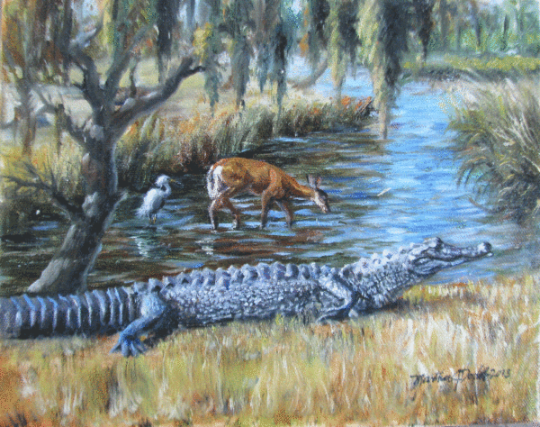 Alligator in the Deep South- Original 8 x 10 inch Painting is a scene with an alligator on the bank of a river