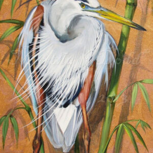 painting of a great blue heron with a gold background by martha dodd