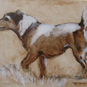 a painting of a plucky jack russell in sepia tones by martha dodd