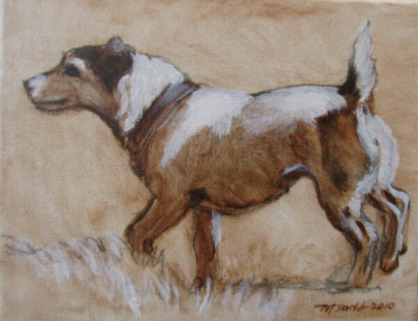 a painting of a plucky jack russell in sepia tones by martha dodd