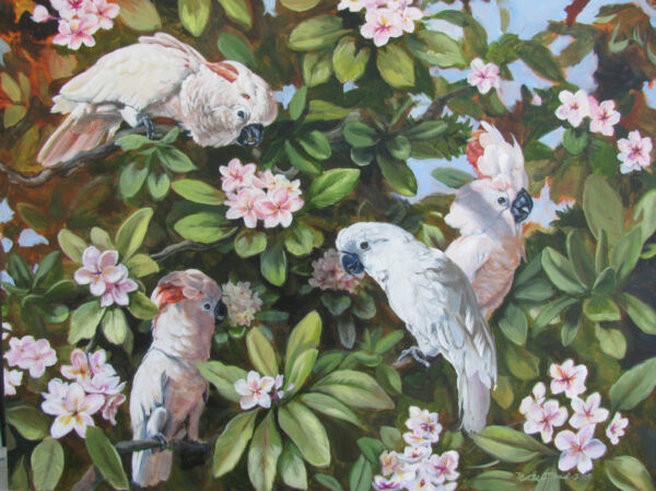 a painting of 4 cockatoos in a tree senses alive art print cockatoo art by martha dodd