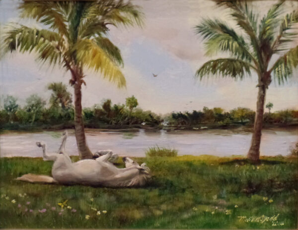 Horse Rolling in Grass Art Print, Palm trees, white horse