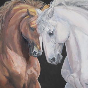 Painting of two horse heads with a black background by Martha Dodd