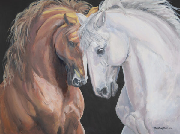 Painting of two horse heads with a black background by Martha Dodd