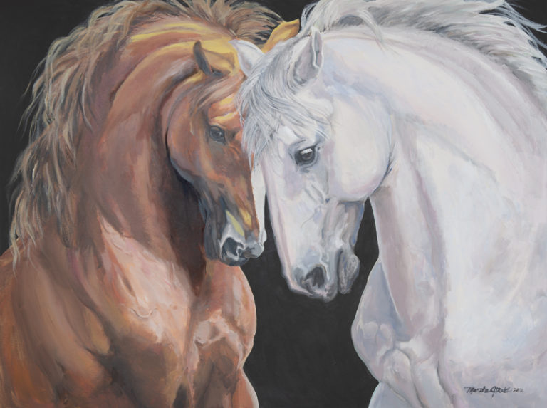 Painting of two horse heads with a black background by Martha Dodd