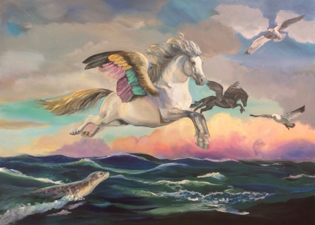 Painting of flying horses for art reception - martha j dodd