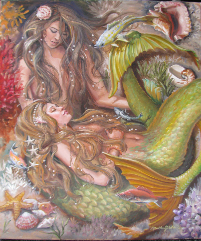 This is a framed print martha j dodd - 16 x 20 inches of two sleeping mermaids called Sweet Dreams Mermaidsby Martha J Dodd