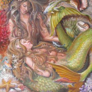 Sweet Dreams, Mermaid fine art print is a painting of two mermaids sleeping on the ocean floor