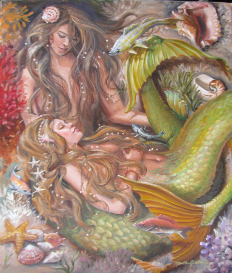 Sweet Dreams, Mermaid fine art print is a painting of two mermaids sleeping on the ocean floor