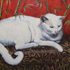 painting of a white cat on a stoll with a mouse by martha dodd