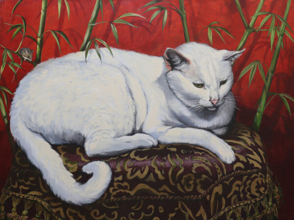 painting of a white cat on a stoll with a mouse by martha dodd