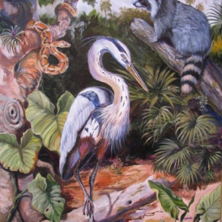 a painting Florida Fauna - Wildlife Art Prints of a great blue heron , a racoon , a corn snake by martha dodd