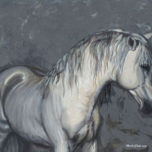 graceful stallion art print equine art painting of a grey horse with an abstract charcoal grey background.