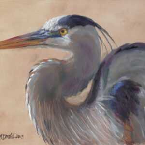 a painting of a great blue heron facing left with a beige background