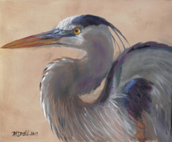 a painting of a great blue heron facing left with a beige background