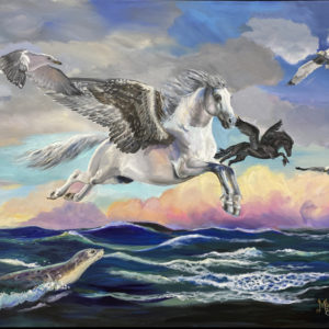 Painting of two horses flying over the ocean by martha dodd