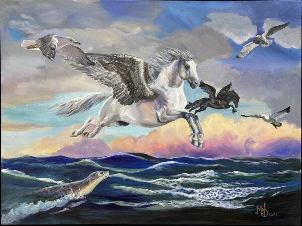 Painting of two horses flying over the ocean by martha dodd