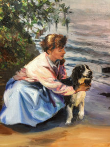 a painting of a young woman restraining her over excited english spaniel on the beach by martha dodd entitled A Girl and Her Dog - Fine Art Printa girl and her dog
