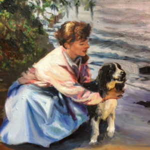 a painting of a young woman restraining her over excited english spaniel on the beach by martha dodd entitled A Girl and Her Dog - Fine Art Printa girl and her dog