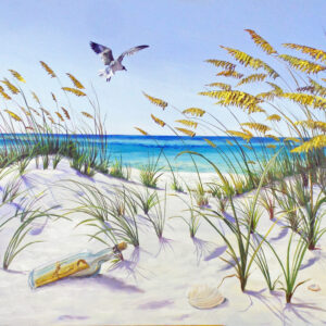 a painting of a sunny beach scene with swaying sea oats, a flying seagull and a bottle with a message inside by Martha Dodd