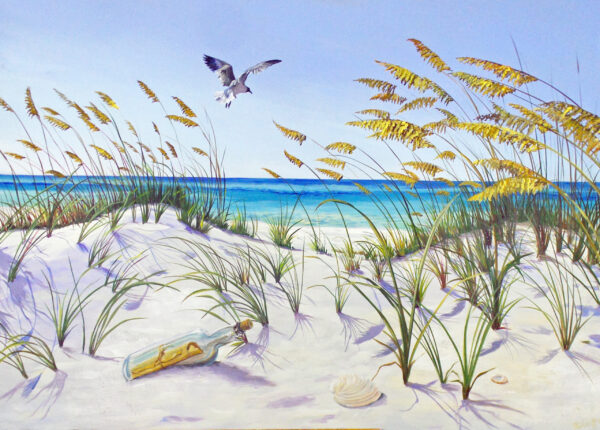 a painting of a sunny beach scene with swaying sea oats, a flying seagull and a bottle with a message inside by Martha Dodd