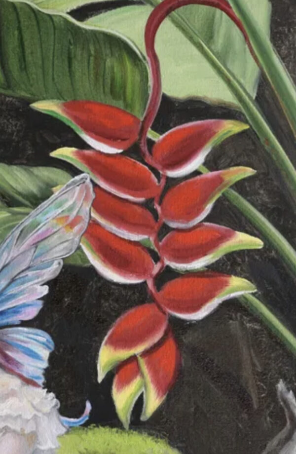 closeup of detail of red and yellow heliconia in paintng by Martha dodd