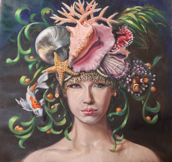 Lady with Seashell Crown art print by Martha Dodd, conch shell, fish, crown, head dress, woman