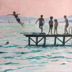 Summer Dream - a painting of children swimming in the lake of Geneva, Switzerland by Martha J Dodd