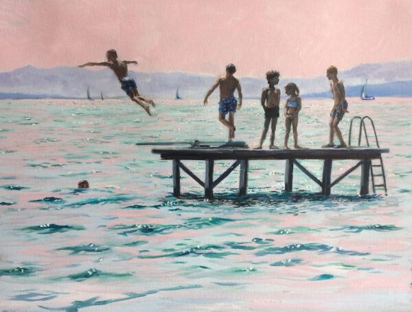 Summer Dream - a painting of children swimming in the lake of Geneva, Switzerland by Martha J Dodd