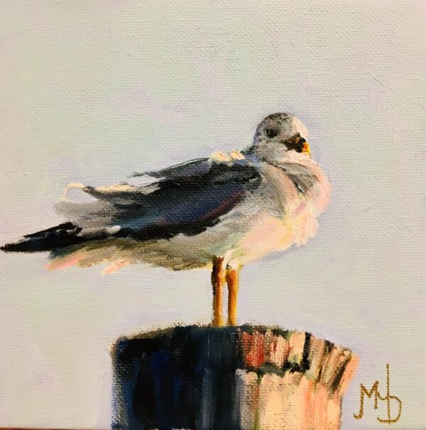 Seagull art print by Martha Dodd, pink blue gray white, ruffled feathers