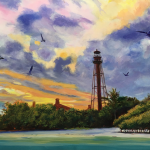 painting of the sanibel lighthouse at sunset by martha dodd