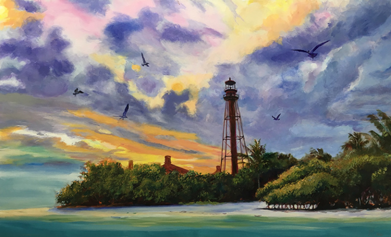 painting of the sanibel lighthouse at sunset by martha dodd