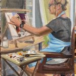 A painting of Martha Dodd at work in her studio by Marti Koehler