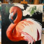 A partially completed painting of a flamingo by Martha Dodd