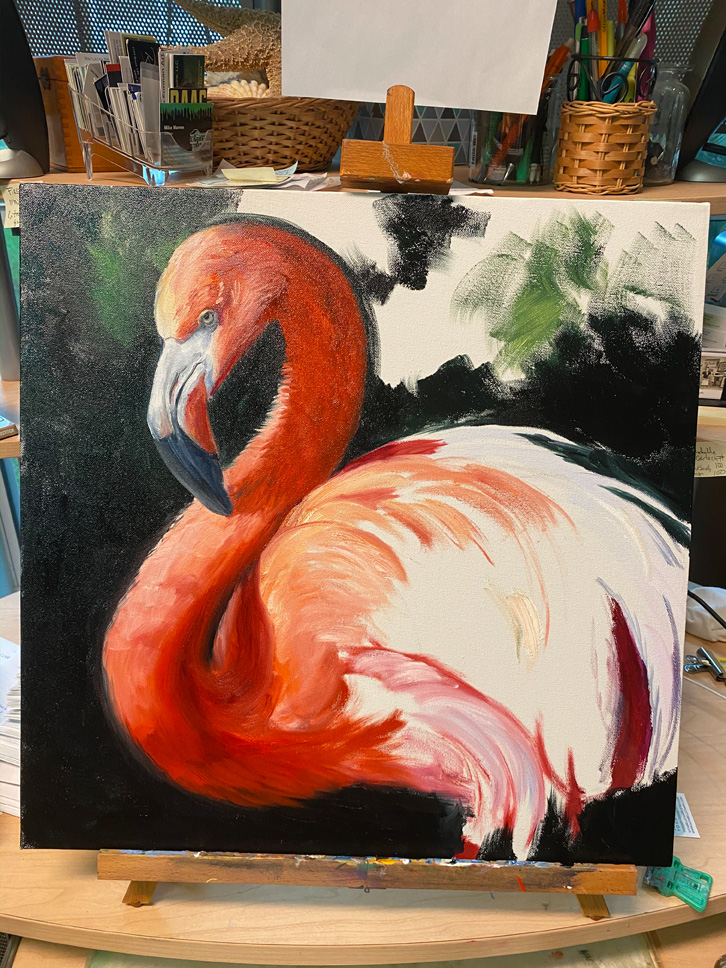 A partially completed painting of a flamingo by Martha Dodd