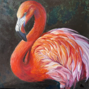 a painting of a pink flamingo with a dark background.