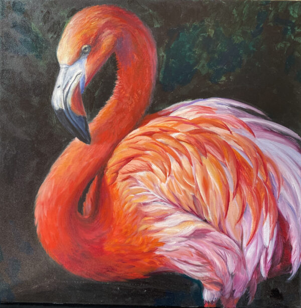 a painting of a pink flamingo with a dark background.