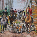 painting of horses and hounds in the fall forest by martha dodd