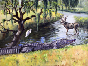 alligator repose wildlife print of a painting by Martha Dodd of an alligator resting on the bank of a river by Martha Dodd