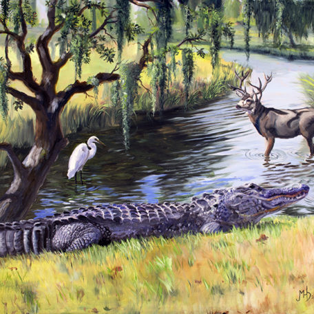 alligator repose wildlife painting of an alligator resting on the bank of a river by Martha Dodd