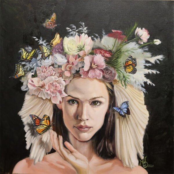 Butterfly Queen Original Oil a painting of a beautiful woman with a crown of flowers and butterflies by martha dodd