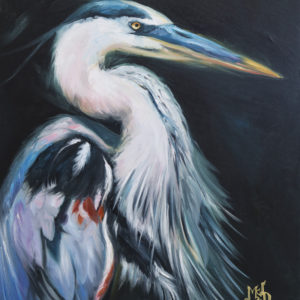 paiinting of a great blue heron with a black background by martha dodd Message of the Great Blue Heron - original oil painting by Martha Dodd