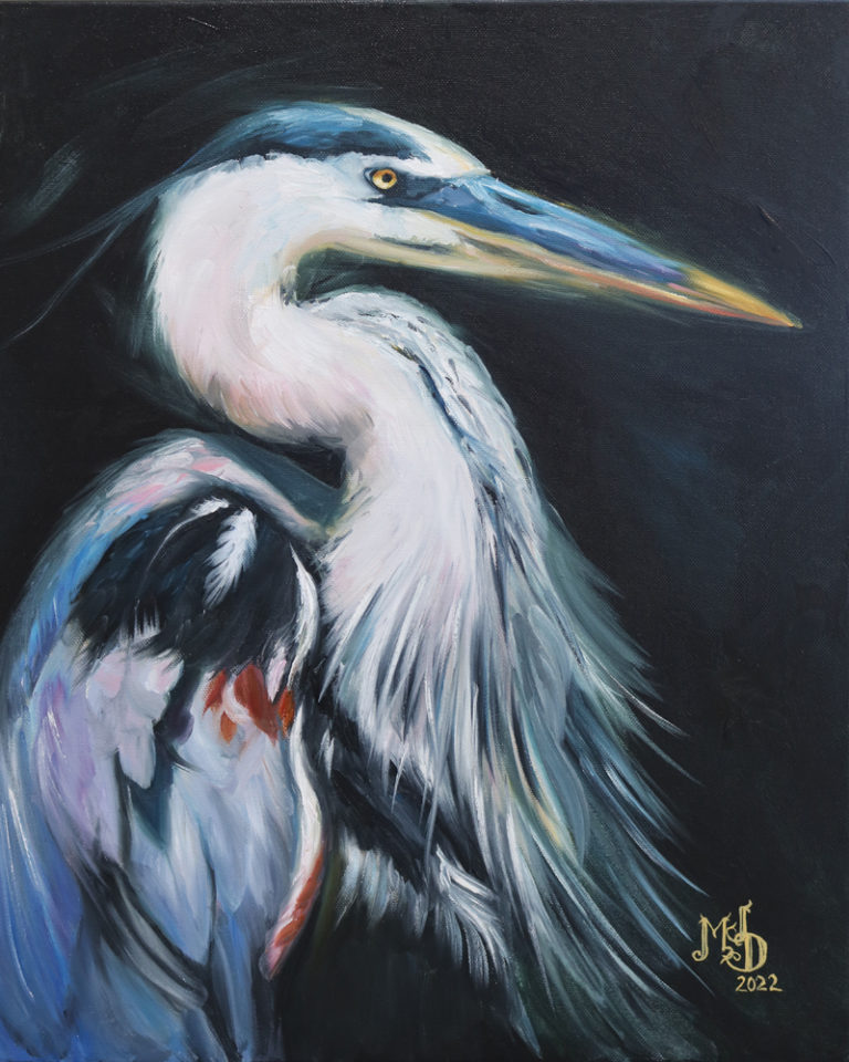 paiinting of a great blue heron with a black background by martha dodd Message of the Great Blue Heron - original oil painting by Martha Dodd