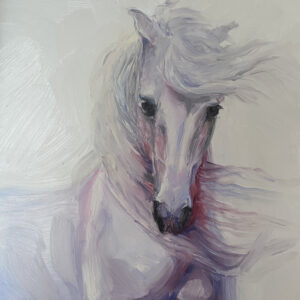 Against the wind, painting of a white horse with a very long mane blowing in the wind in shades of pink and purple by martha dodd