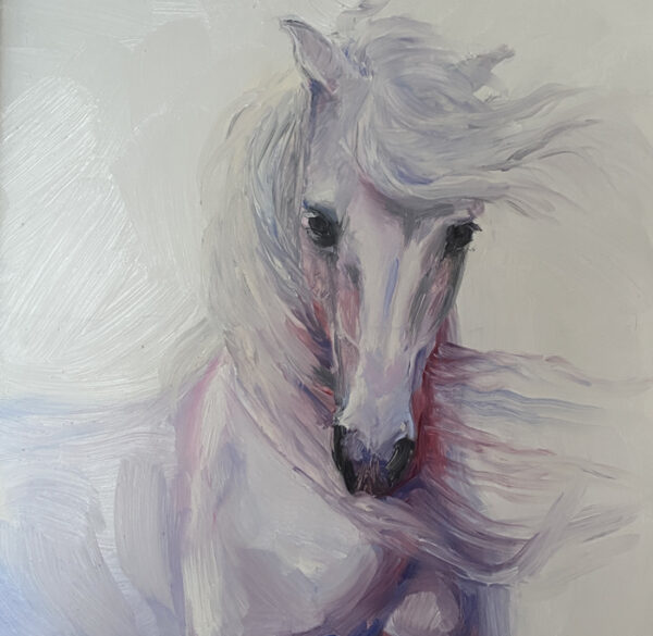 Against the wind, painting of a white horse with a very long mane blowing in the wind in shades of pink and purple by martha dodd