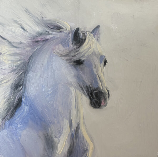 Believe a painting of a white horse by martha dodd in shades of pink and purple