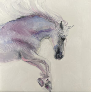 Over the moon painting by martha dodd depictes a pink and purple horse jumping