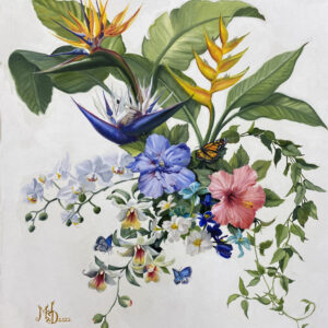 a painting of an arrangement of tropical flowers with the bird of paradise, hibiscus, and orchids by martha dodd